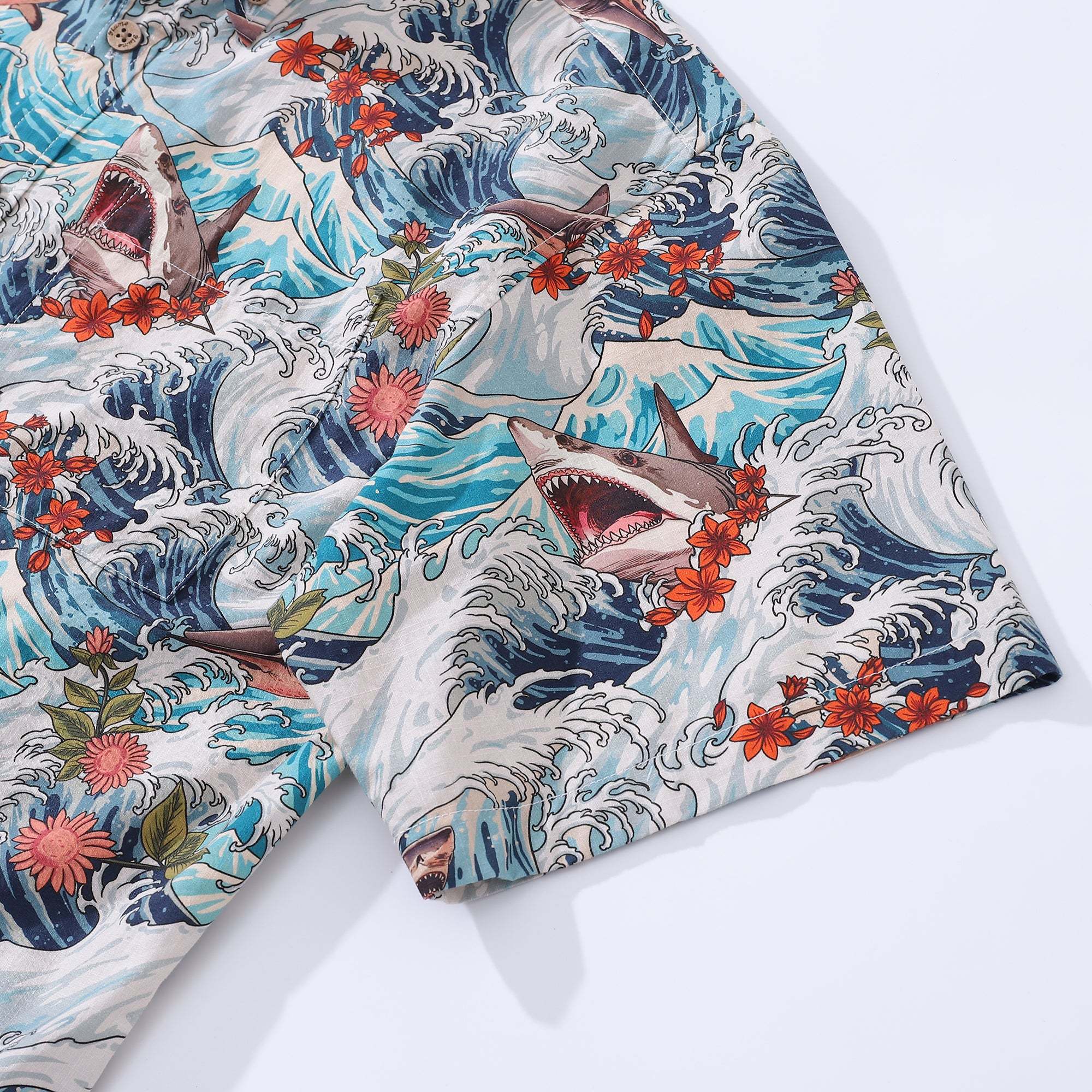 Men's Resort Wear Shirt Turbulence at Sea with Sharks Print Short Sleeve Hawaiian Shirt For Men