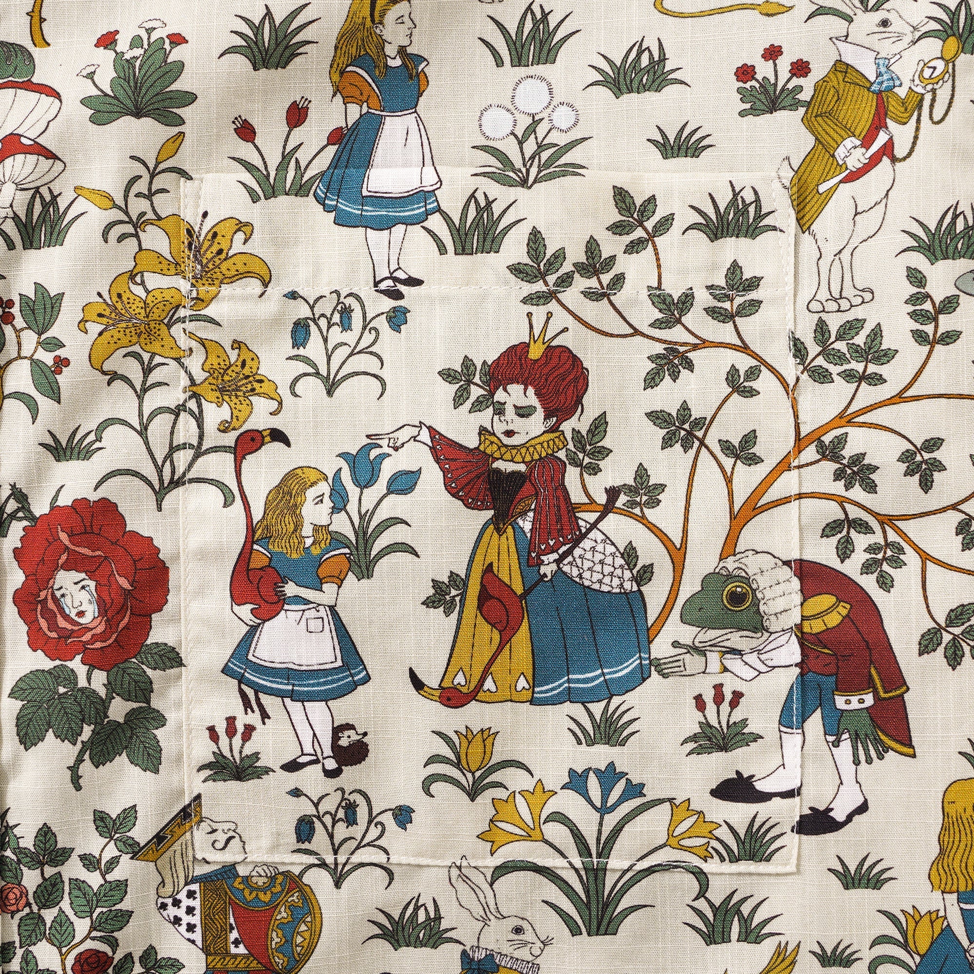 Men's Hawaiian Shirt Short Sleeve Button-down 100% Cotton Beige Aloha Alice's Wonderland