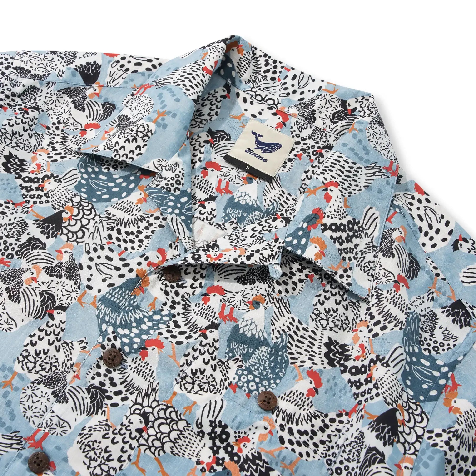 Men's Hawaiian Shirt Short Sleeve Camp Collar 100% Cotton Blue Aloha Clucking Chicken Friends By Annick Schmidt-reichardt
