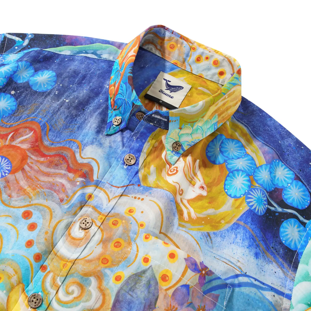 Yiume Men's Designer Hawaiian Shirt Cloud-wandering Koi Print Cotton Blue Aloha Shirt