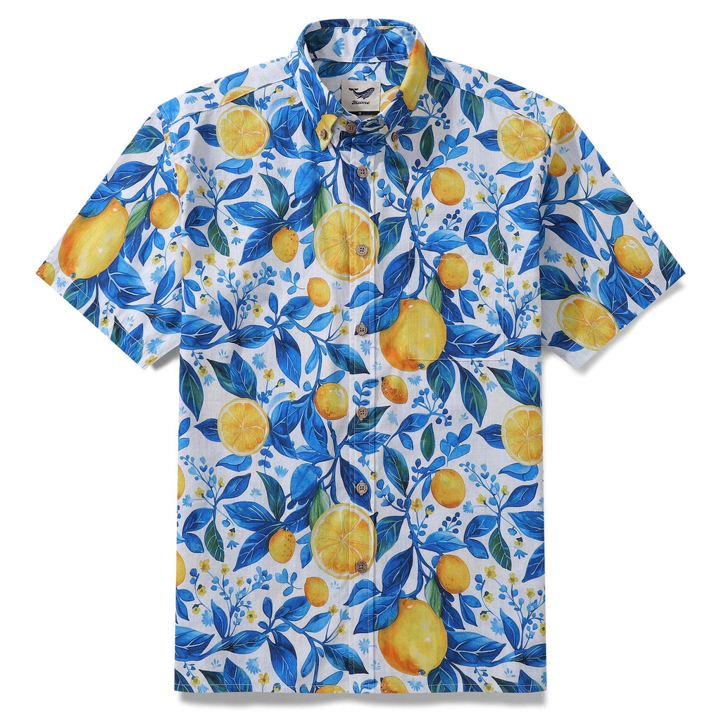 Yiume Hawaiian Shirt For Men Button-down Lemon Shirt Short Sleeve 100% Cotton Shirt Summer Lemon
