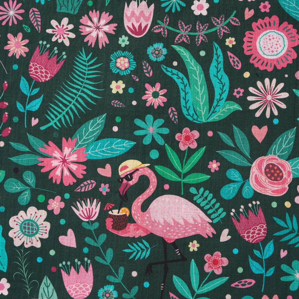 Men's Hawaiian Shirt Short Sleeve Button-down 100% Cotton Green Aloha Blush in the Jungle Flamingo