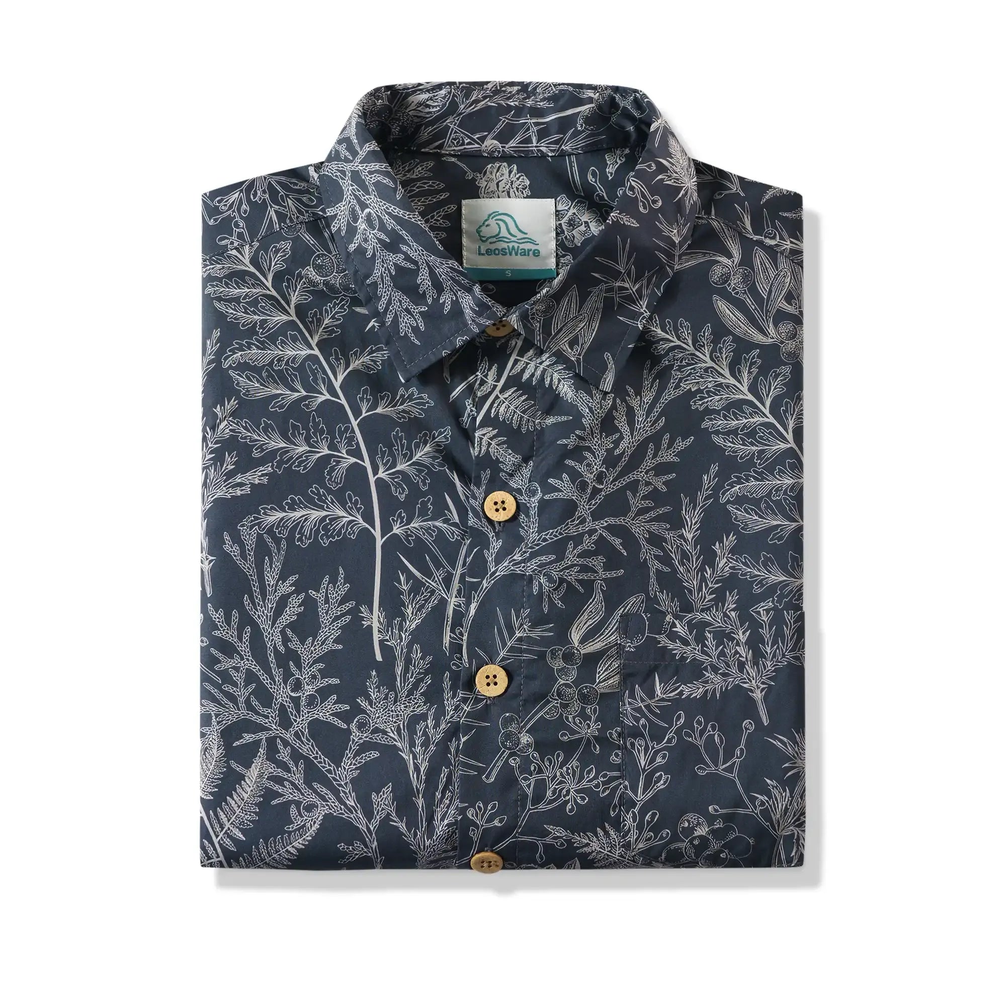 LeosWare® Men's Hawaiian Shirt Short Sleeve Button-up 100% Cotton Blue Aloha Enchanted Fern Grove Journal