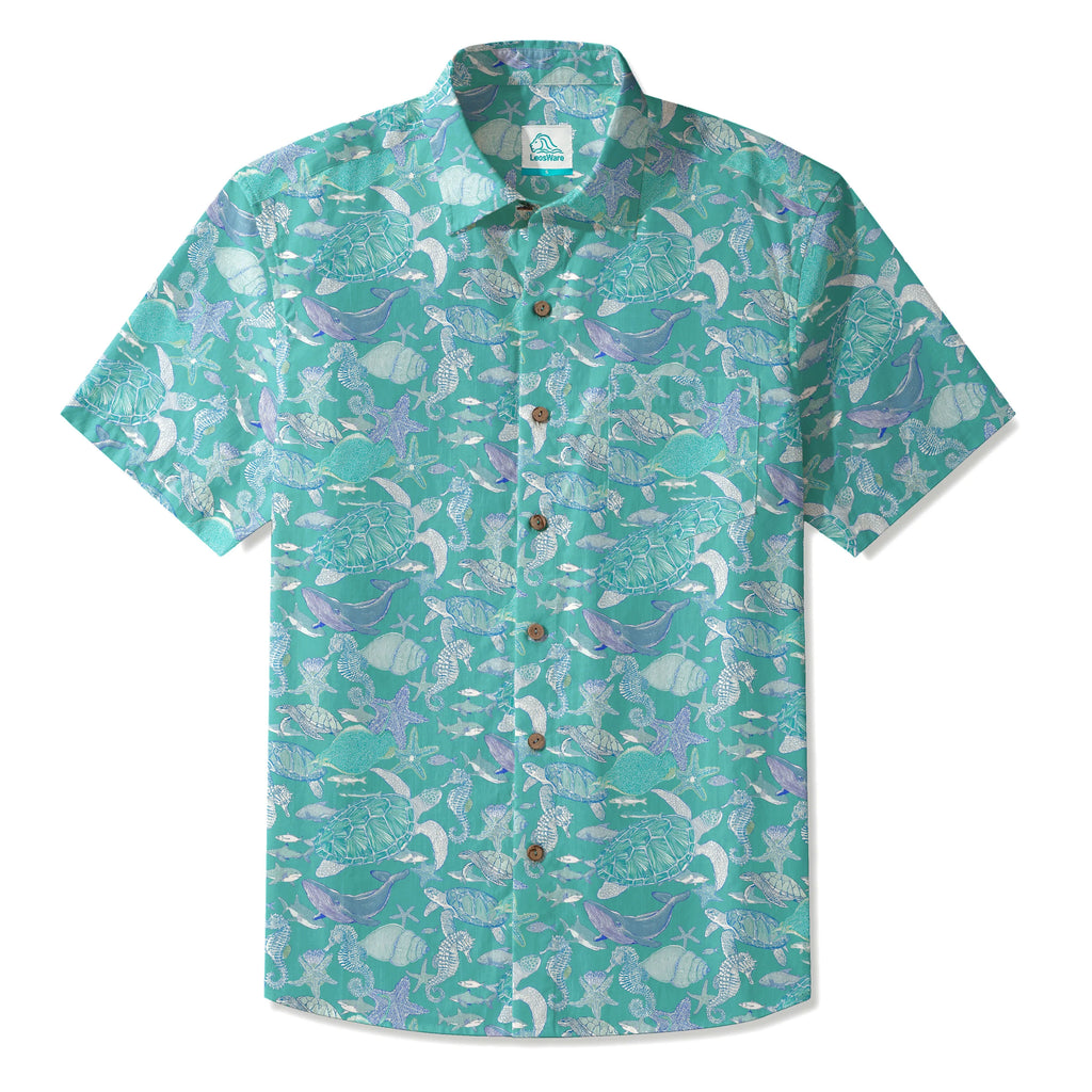 LeosWare® Men's Hawaiian Shirt Short Sleeve Button-up 100% Cotton Blue Aloha Azure Islet Sea Turtle