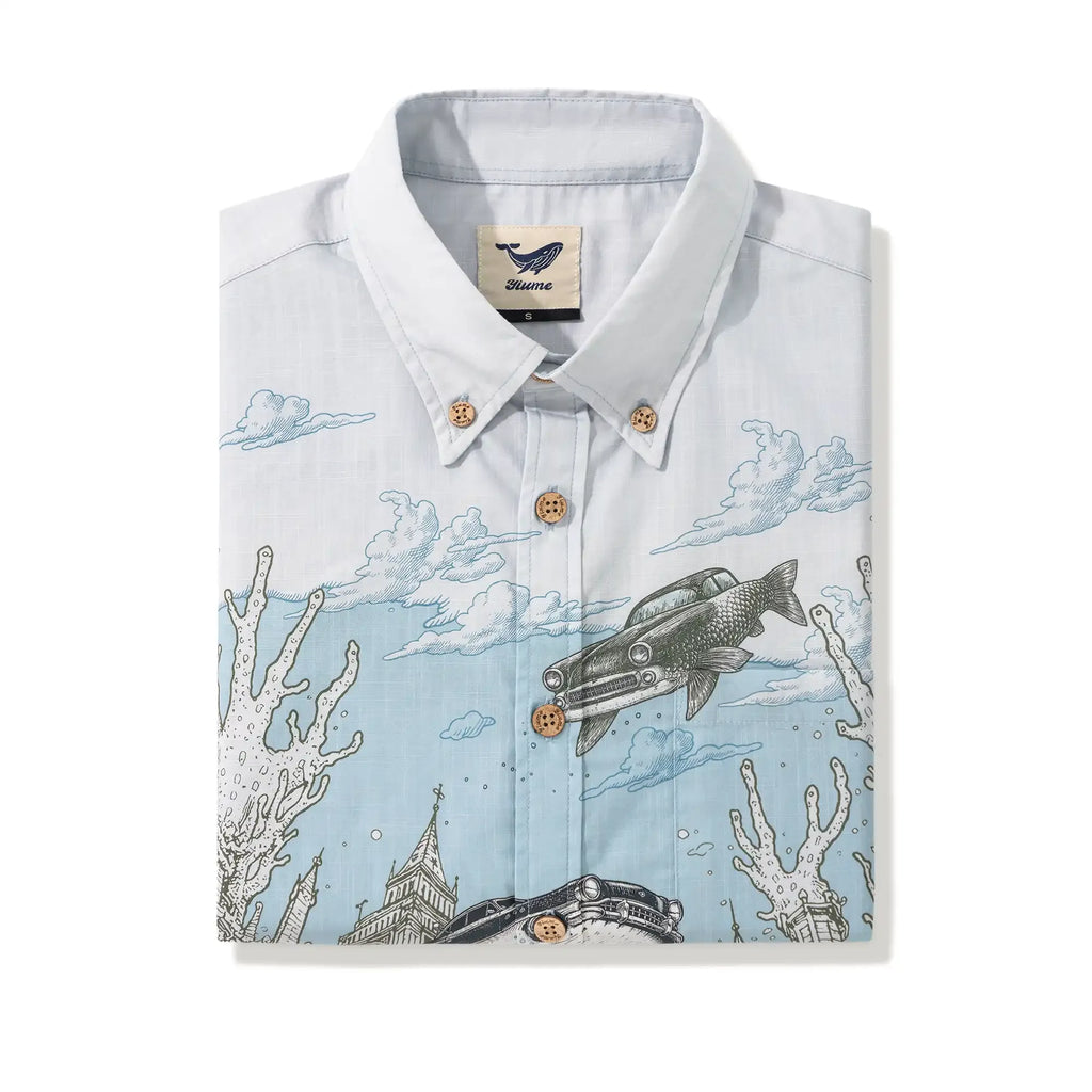 Men's Hawaiian Shirt Short Sleeve Button-down 100% Cotton Blue Aloha Atlantis Coral Cruisers