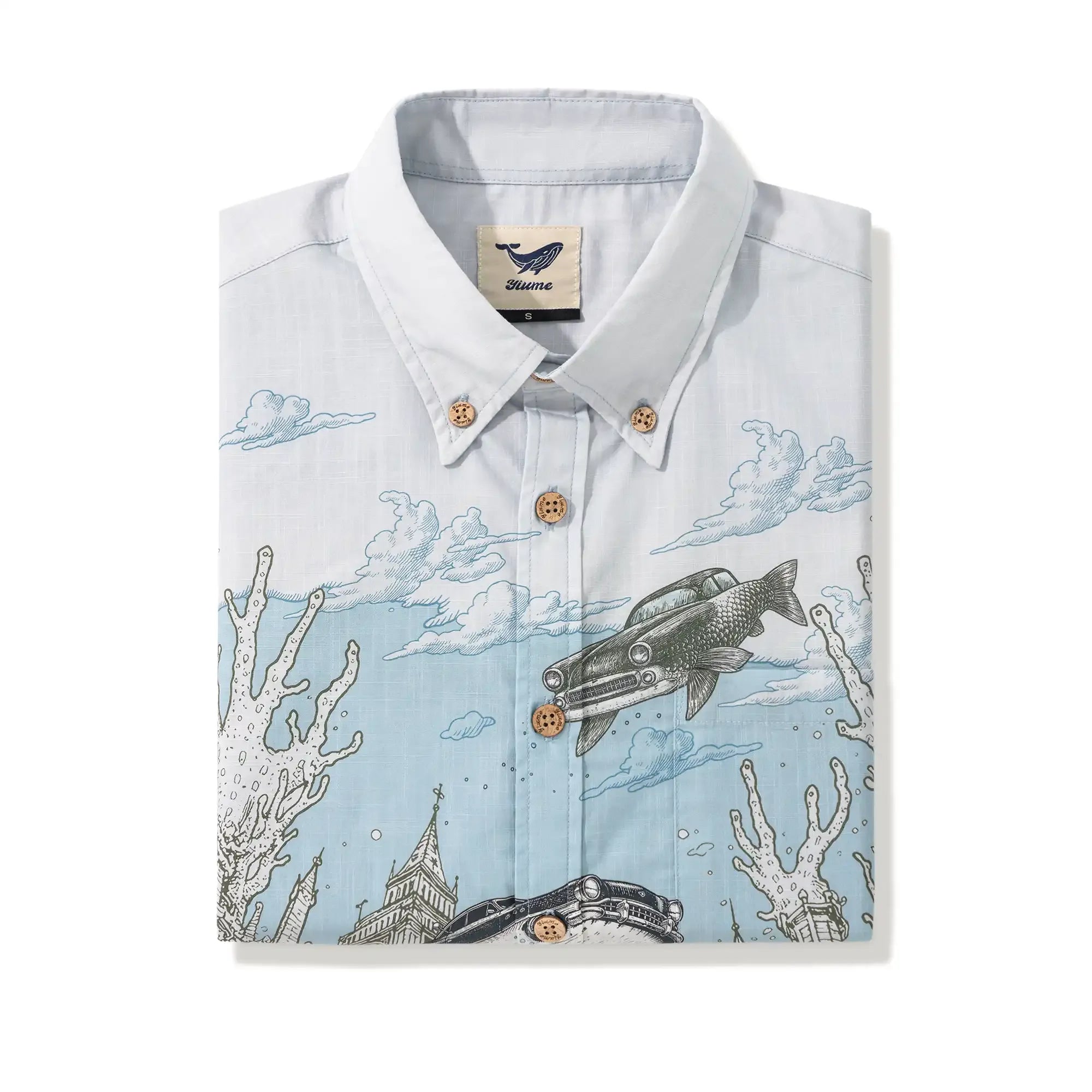 Men's Hawaiian Shirt Short Sleeve Button-down 100% Cotton Blue Aloha Atlantis Coral Cruisers