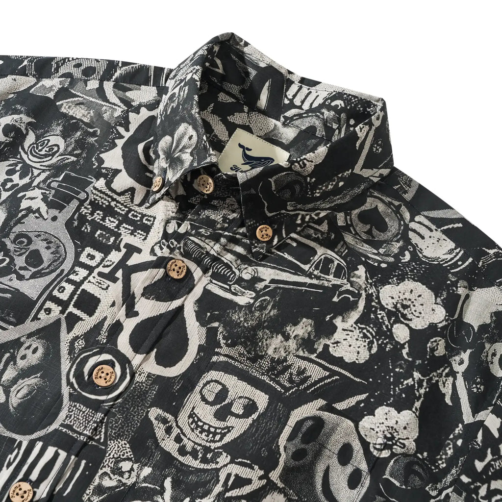 Men's Hawaiian Shirt Short Sleeve Button-down 100% Cotton Black Aloha Dark Poker Graffiti