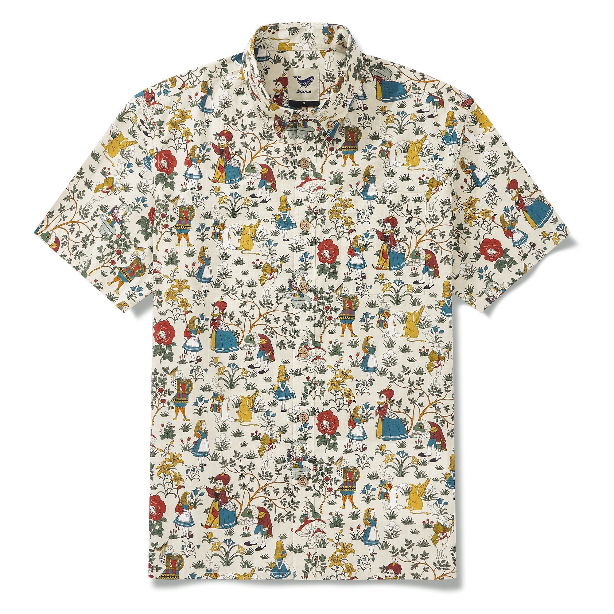 Men's Hawaiian Shirt Short Sleeve Button-down 100% Cotton Beige Aloha Alice's Wonderland