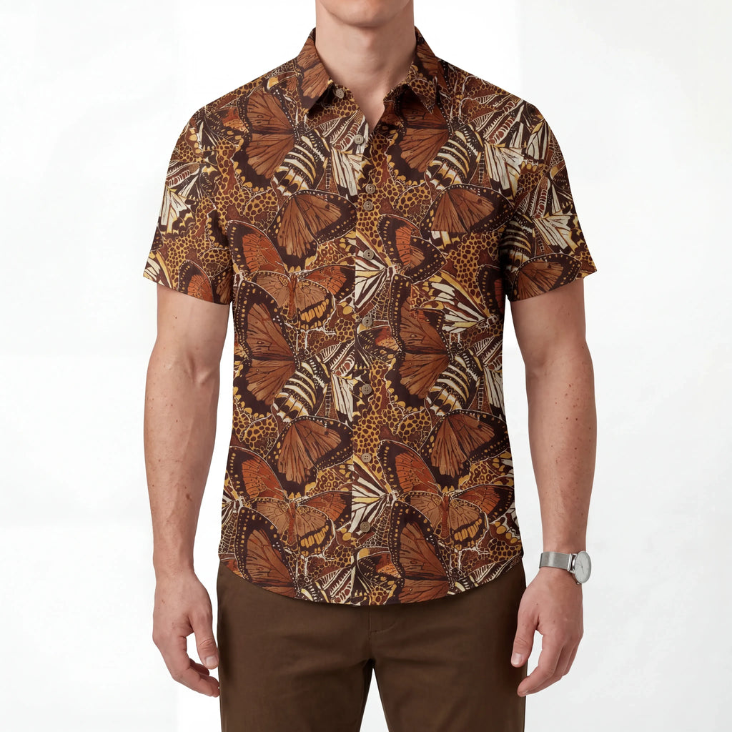 LeosWare® Men's Hawaiian Shirt Short Sleeve Button-up 100% Cotton Brown Aloha Butterfly Haven