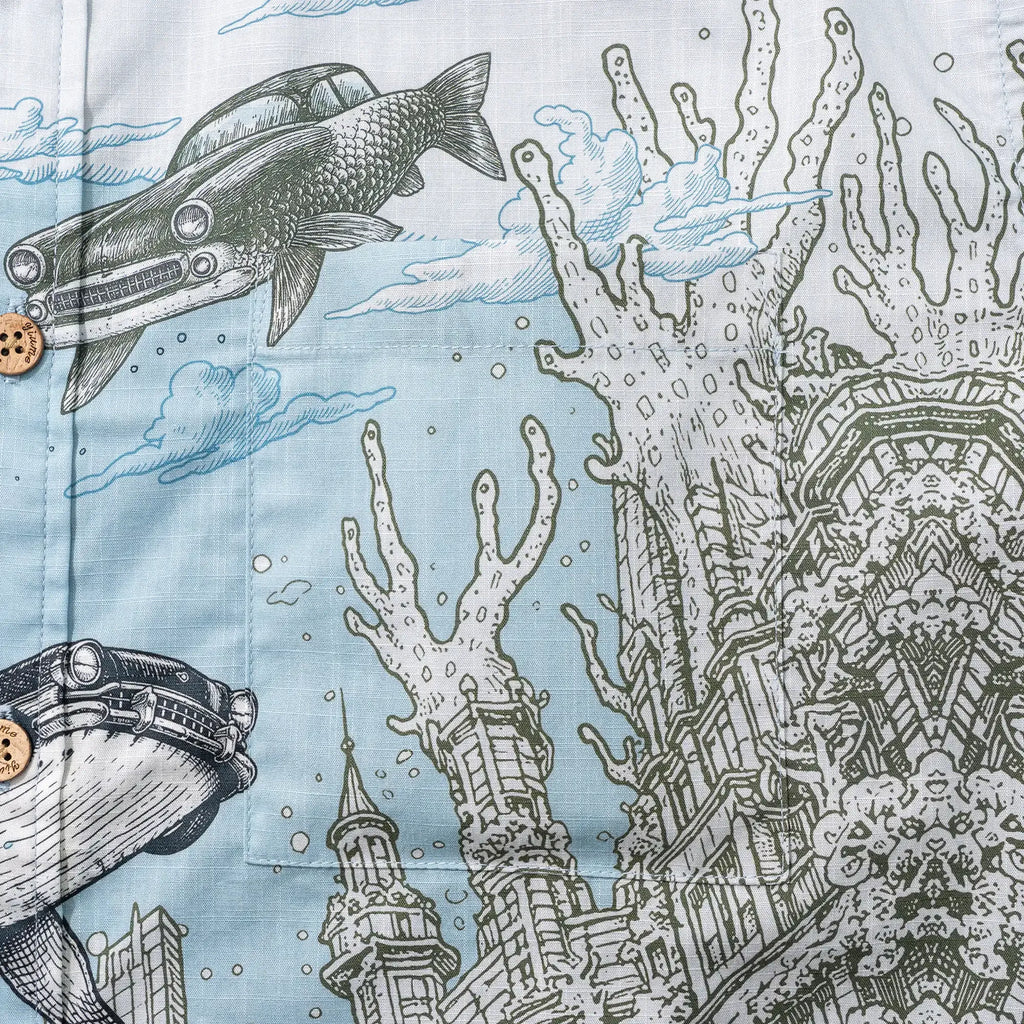 Men's Hawaiian Shirt Short Sleeve Button-down 100% Cotton Blue Aloha Atlantis Coral Cruisers