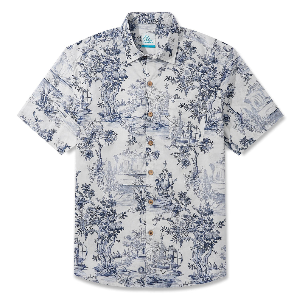 LeosWare® Men's Hawaiian Shirt Short Sleeve Button-up 100% Cotton Beige Aloha Vintage Hand-drawn Exotic Landscapes