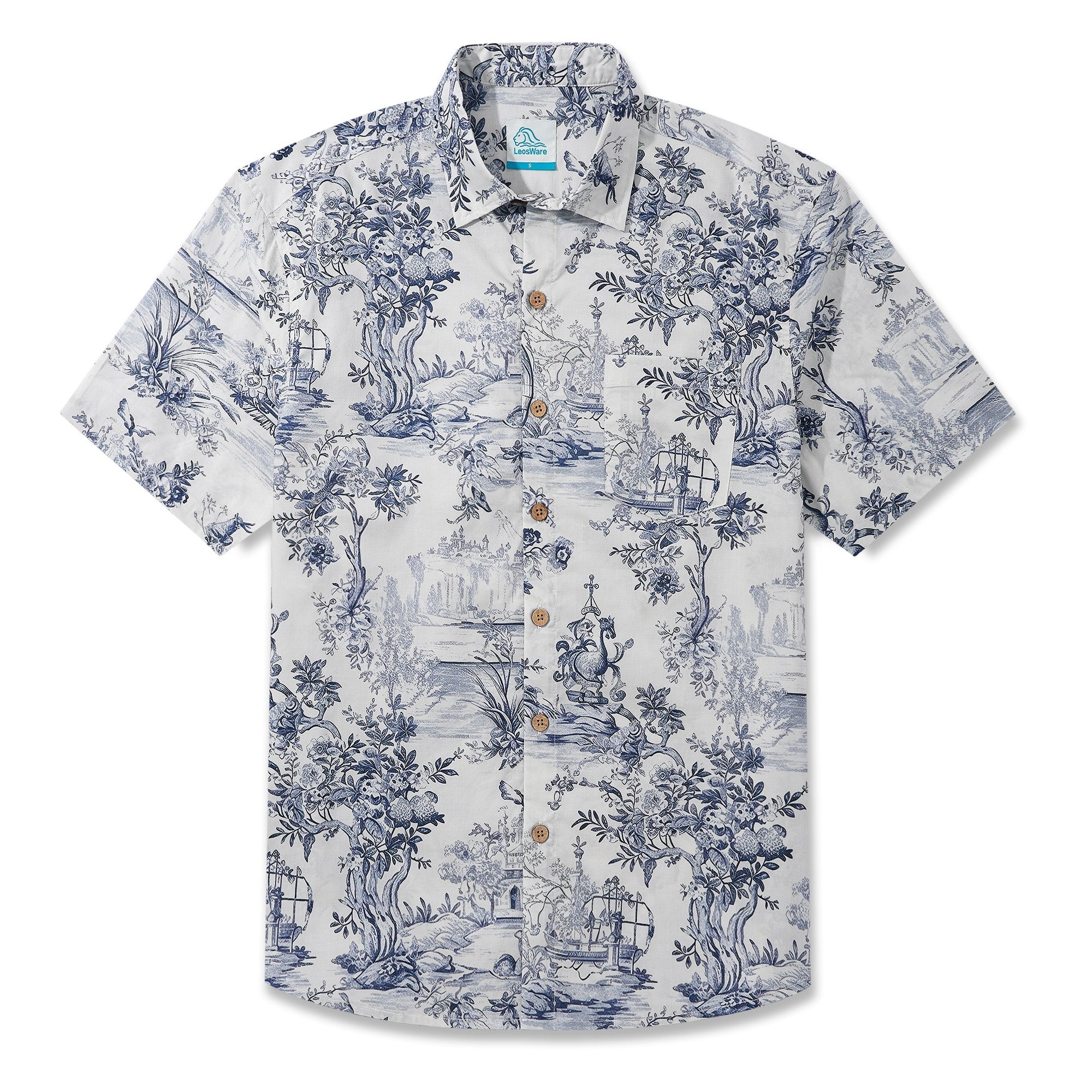 LeosWare® Men's Hawaiian Shirt Short Sleeve Button-up 100% Cotton Beige Aloha Vintage Hand-drawn Exotic Landscapes