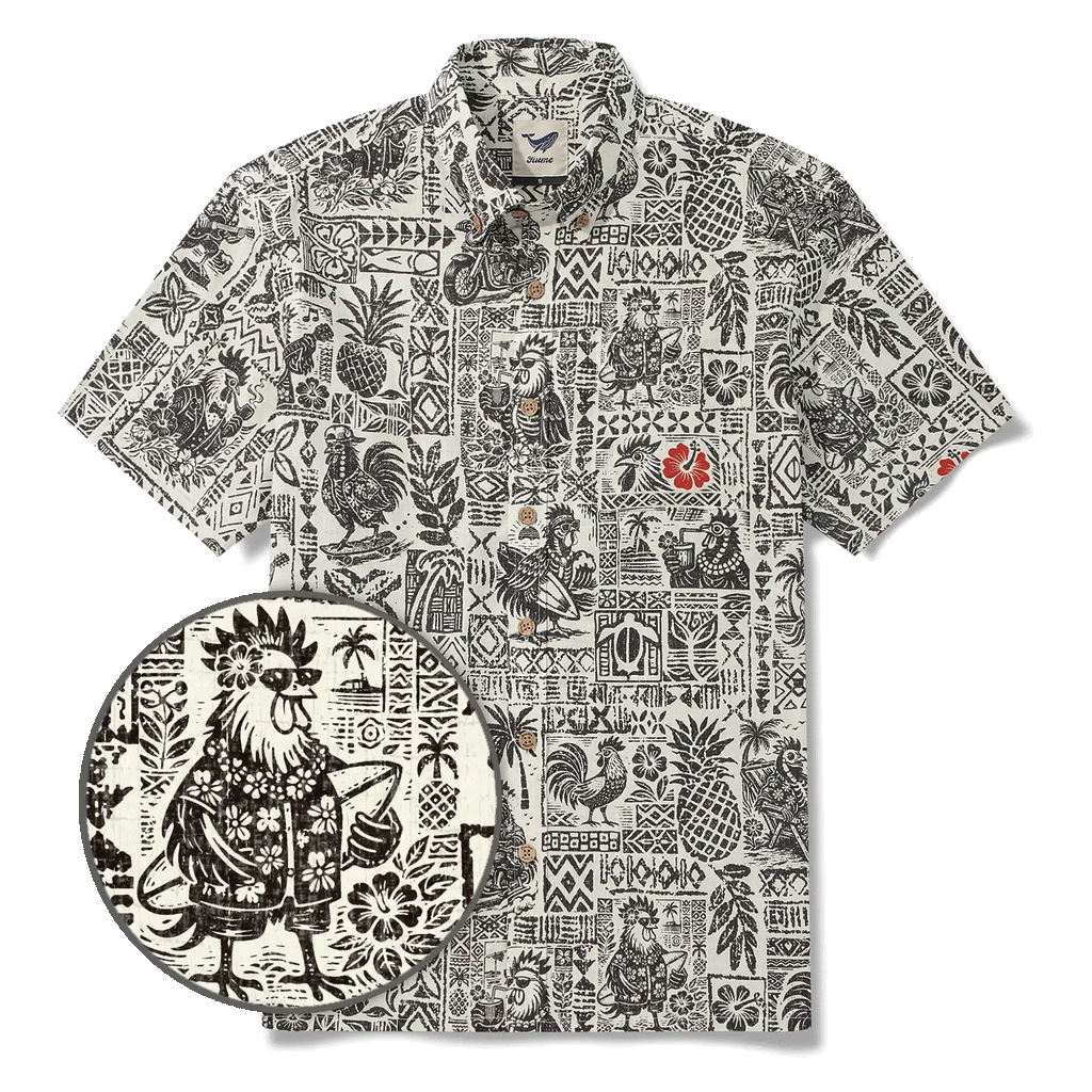 Men's Hawaiian Shirt Short Sleeve Button-down 100% Cotton Black Rooster Aloha The Bone Voyage