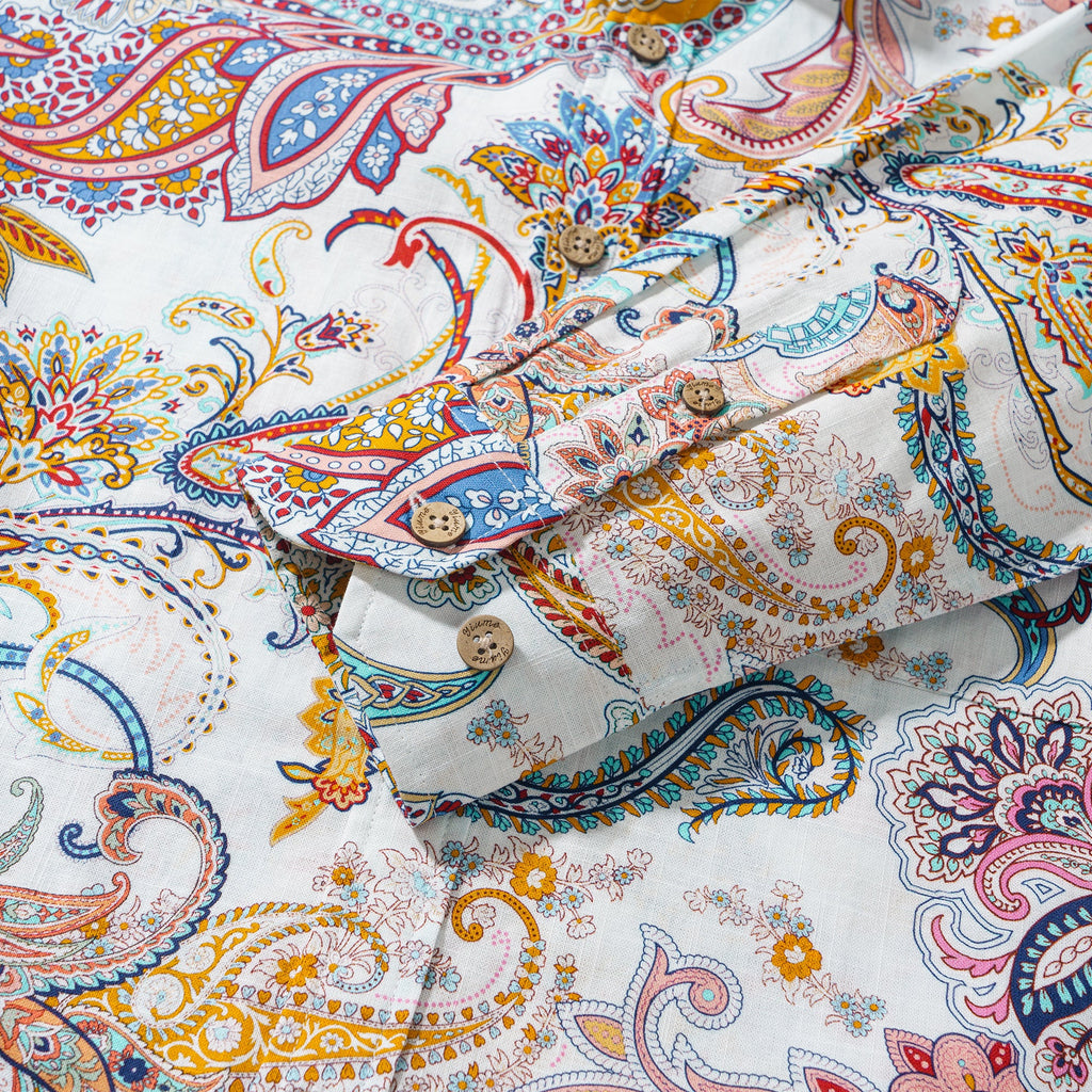 Dance of Paisley 100% Cotton Men's Long Sleeve Button-down Shirt White Aloha Hawaiian