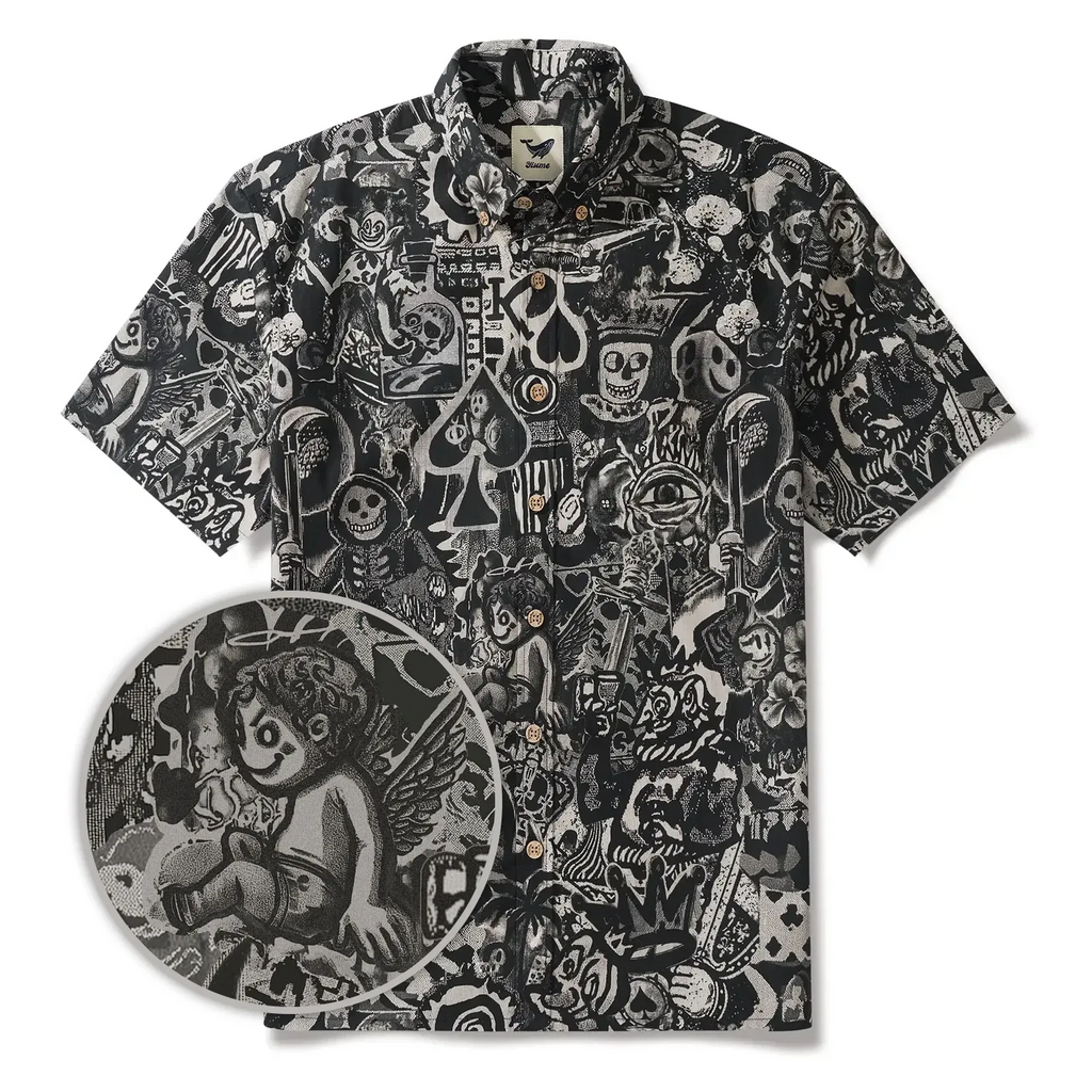 Men's Hawaiian Shirt Short Sleeve Button-down 100% Cotton Black Aloha Dark Poker Graffiti