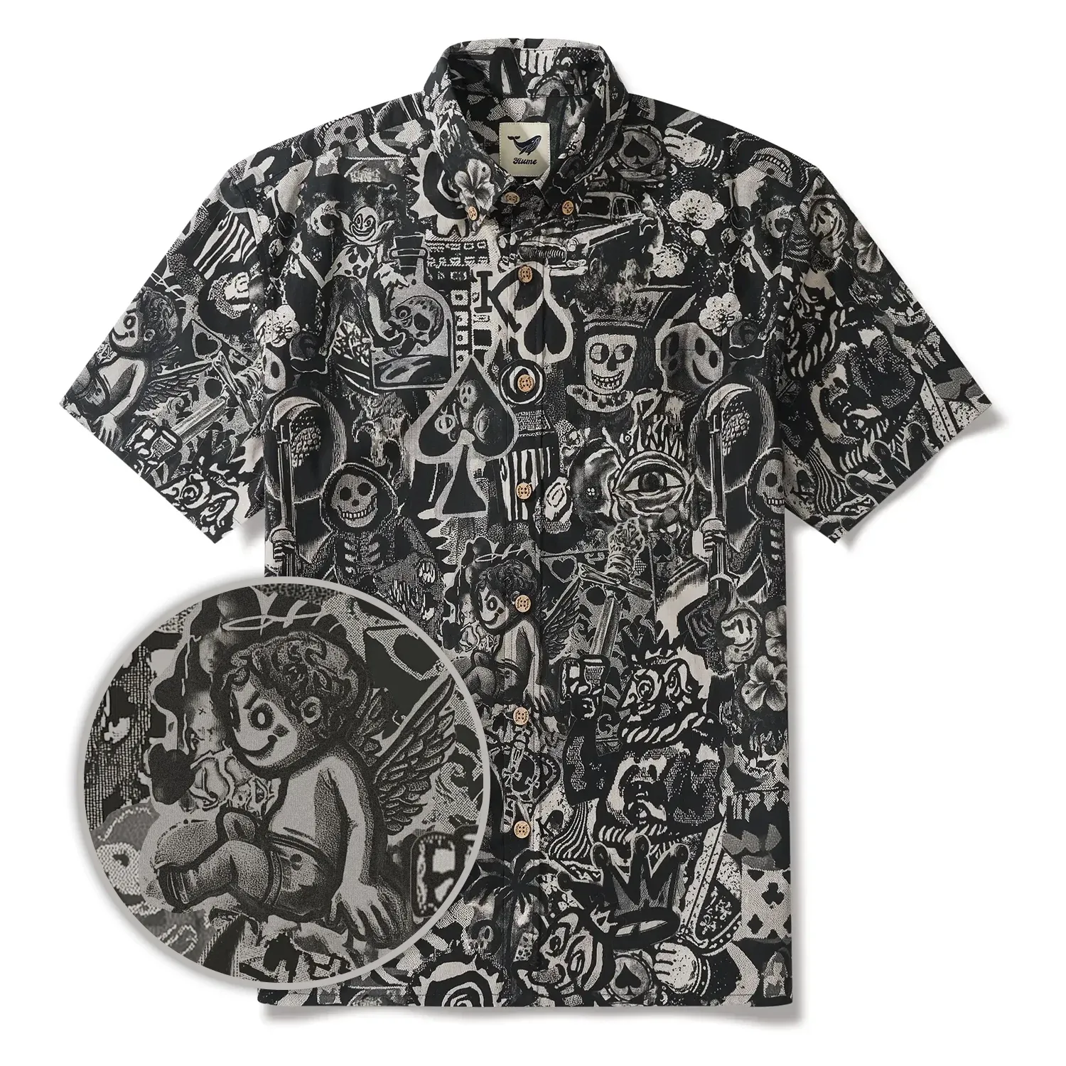 Men's Hawaiian Shirt Short Sleeve Button-down 100% Cotton Black Aloha Dark Poker Graffiti