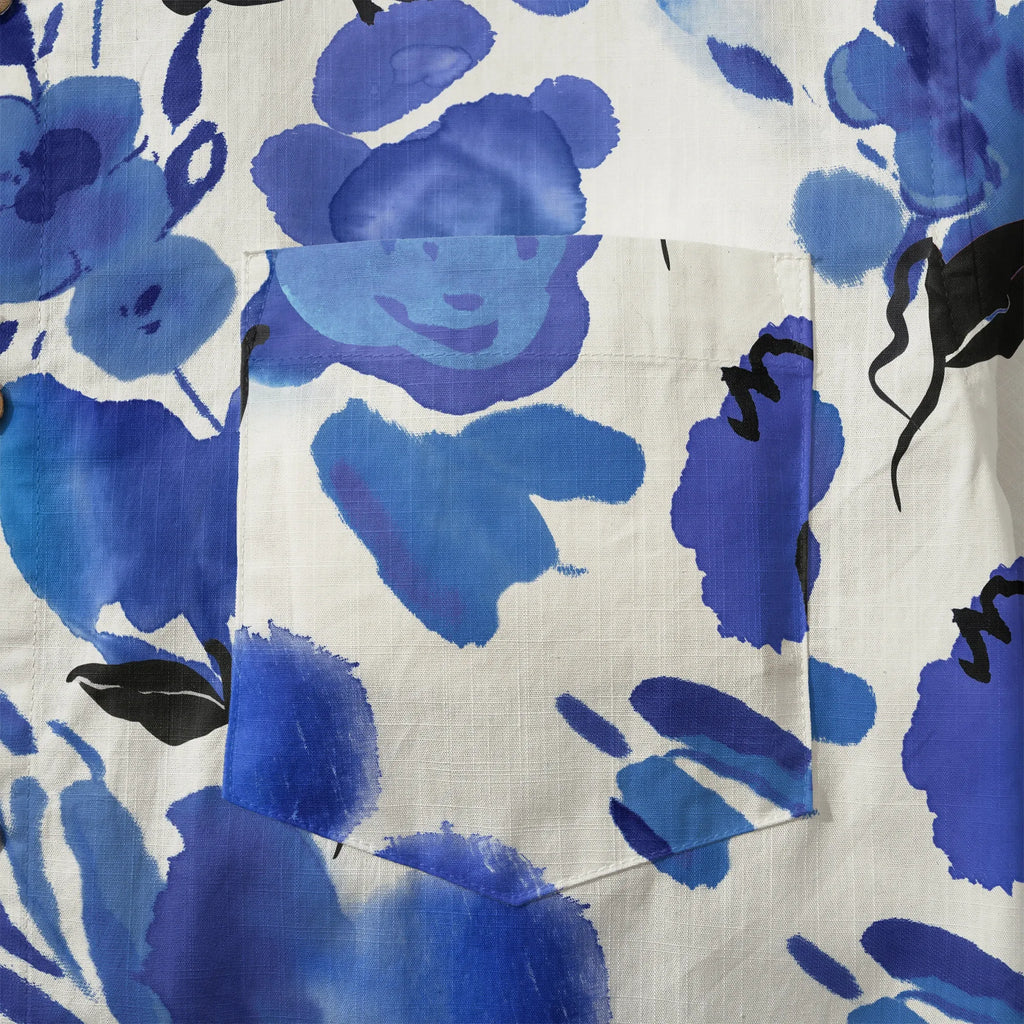 LeosWare® Men's Hawaiian Shirt Short Sleeve Button-up 100% Cotton Blue Aloha Ink Blue Florals