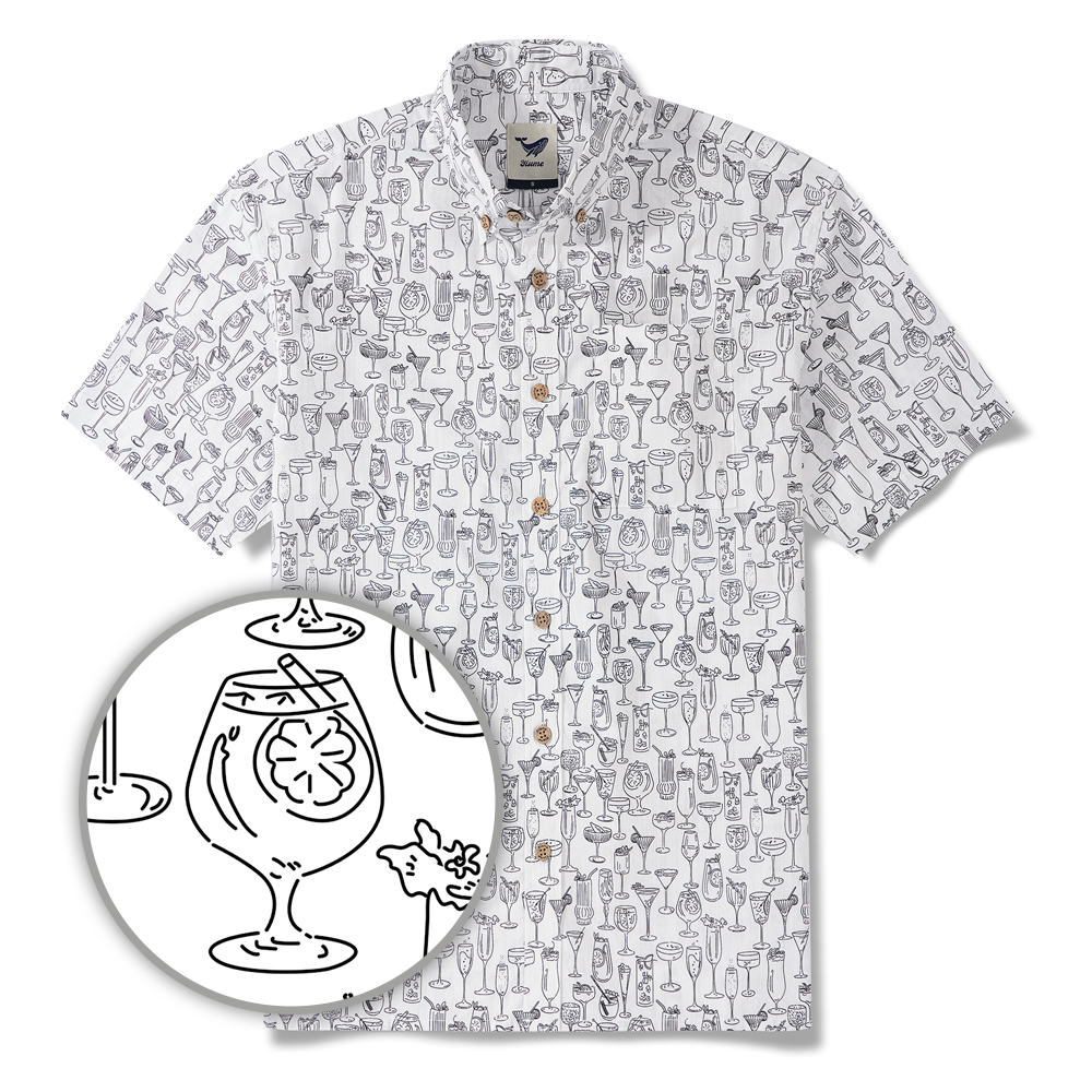 Men's Hawaiian Shirt Short Sleeve Button-down 100% Cotton White Aloha Gentle Buzz