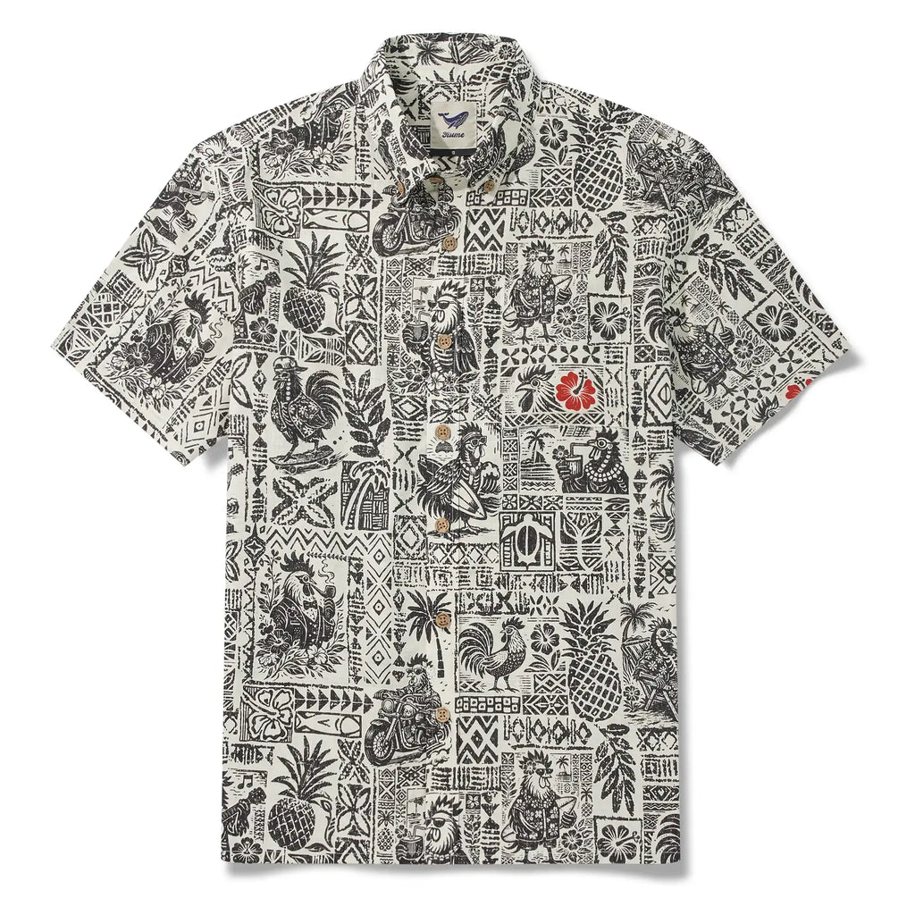 Men's Hawaiian Shirt Short Sleeve Button-down 100% Cotton Black Rooster Aloha The Bone Voyage