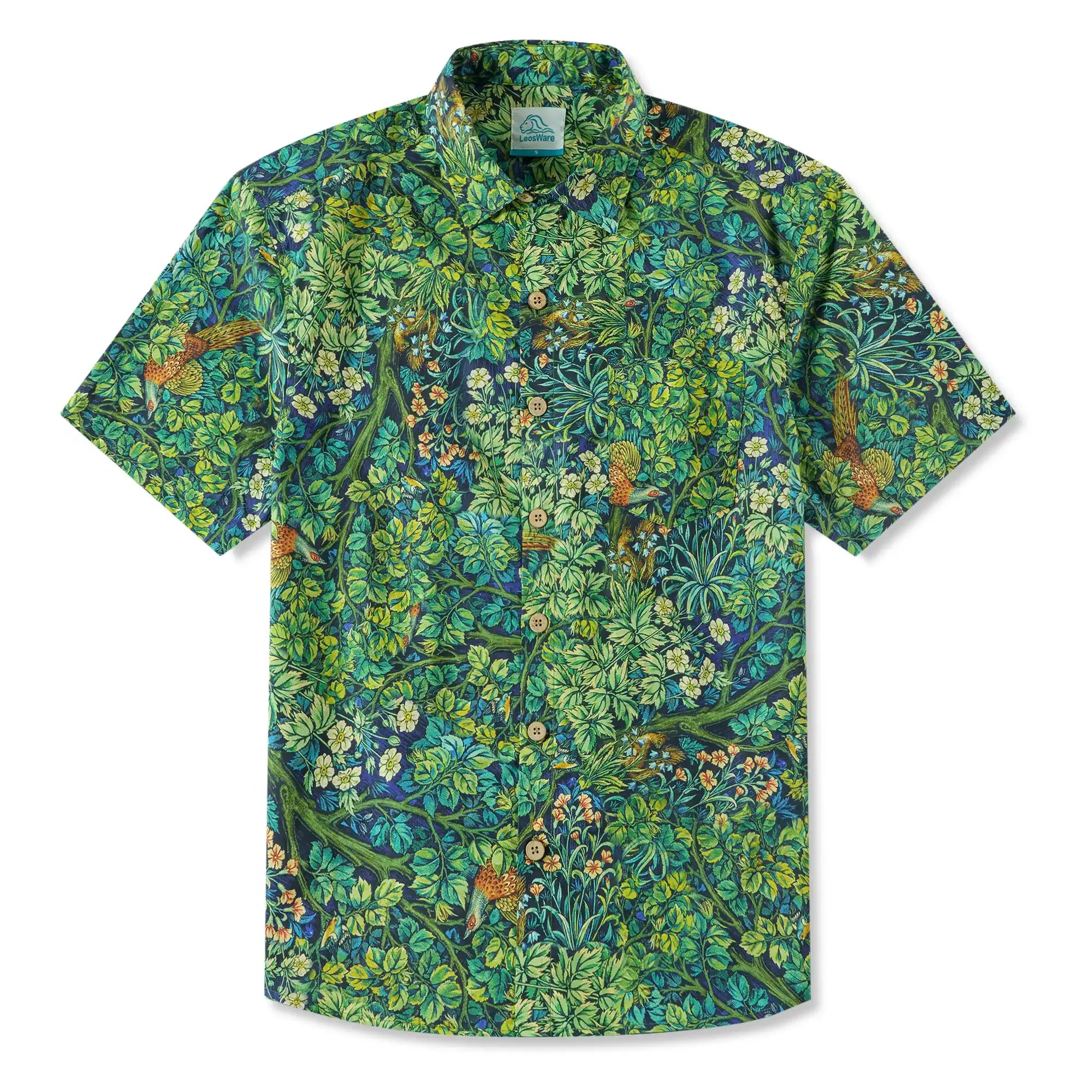 LeosWare® Men's Hawaiian Shirt Short Sleeve Button-up 100% Cotton Green Aloha Jungle Wonderland Art