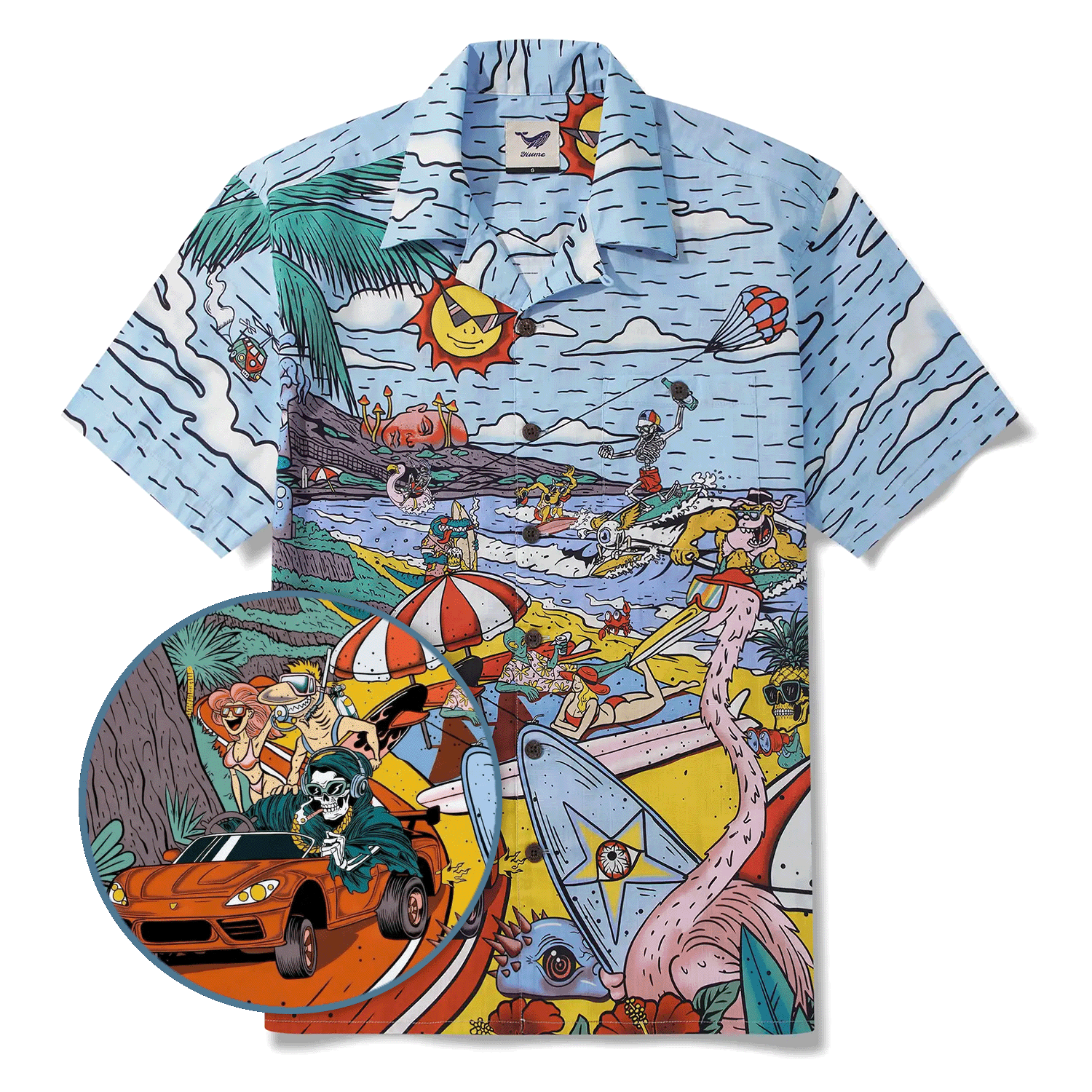 Alien Flamingo Men's Hawaiian Shirt Short Sleeve Camp Collar 100% Cotton Blue Beach Surfing Party Aloha Cosmic Coast Chaos