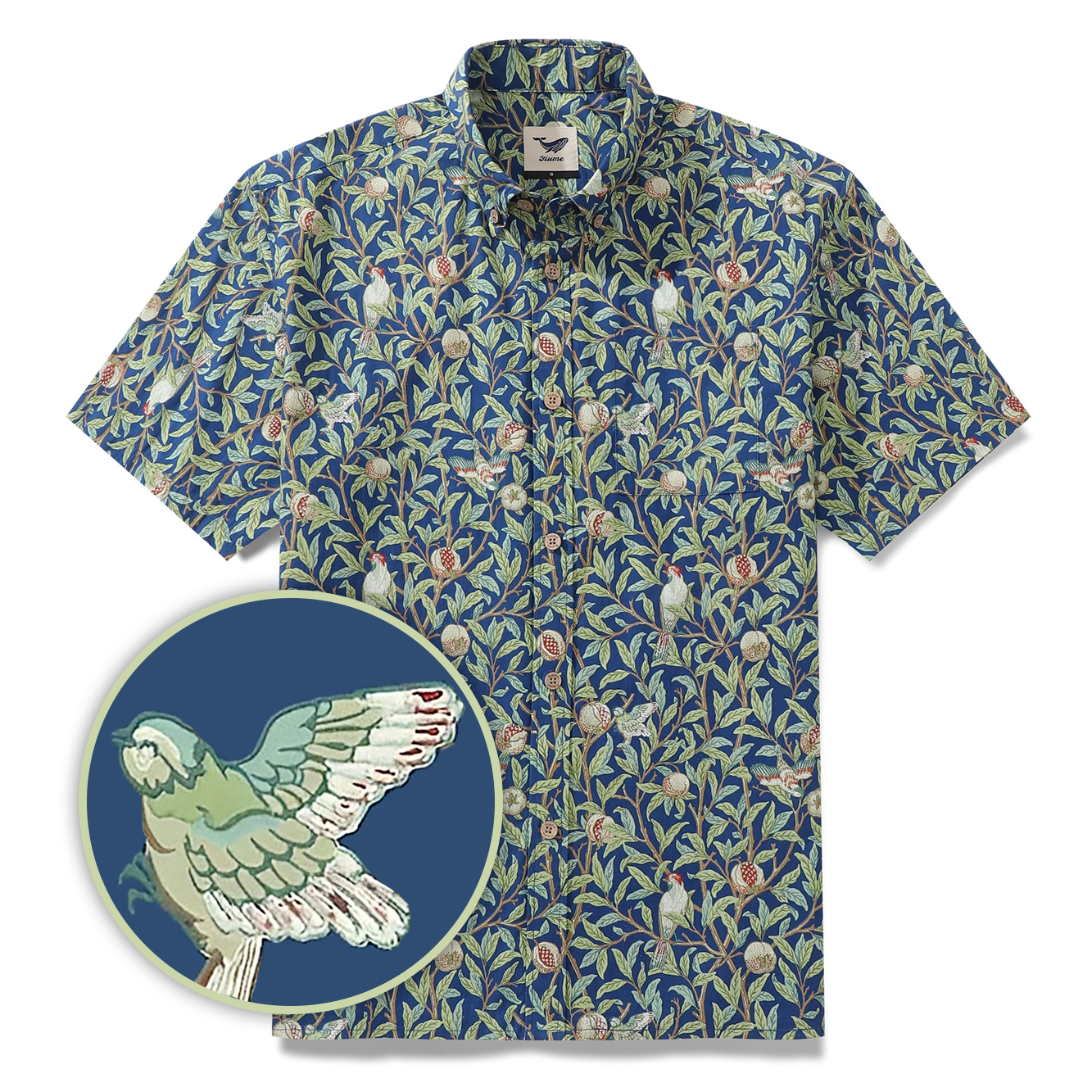 Men's Morris Hawaiian Shirt 1960s Retro Shirt Cotton Button-down Short Sleeve Aloha Shirt Birds And Pomegranates