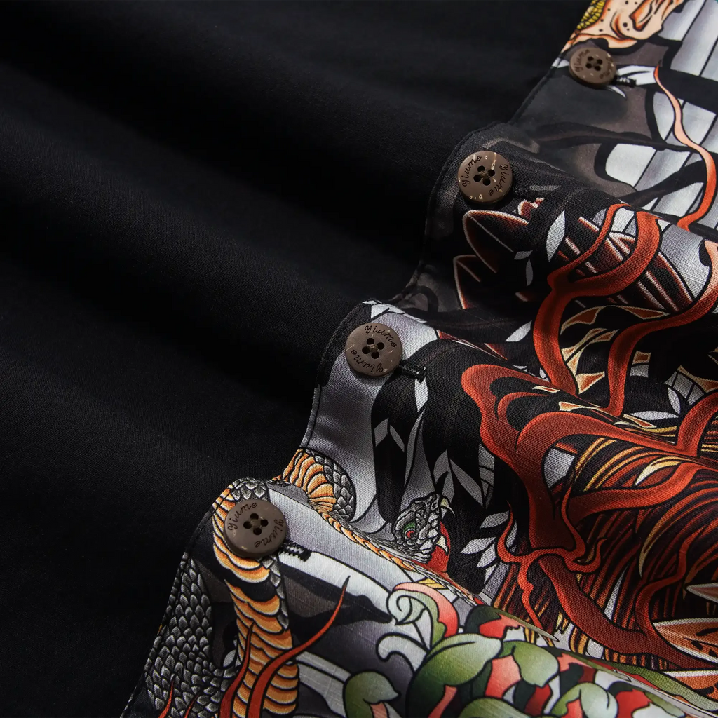 Men's Hawaiian Shirt Short Sleeve Camp Collar 100% Cotton Black Kitsune Mask And Rooster Aloha The Edo Mythos