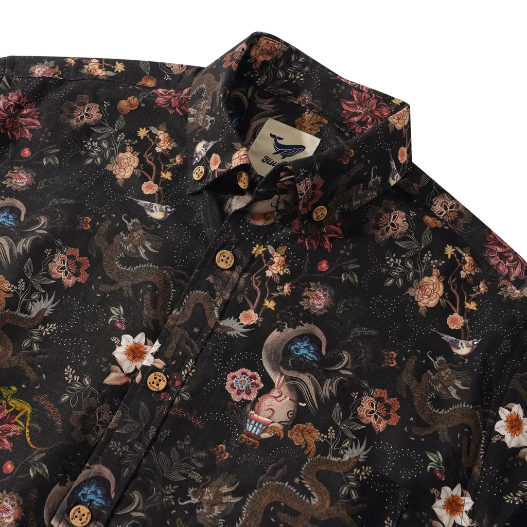 Men's Hawaiian Shirt Long Sleeve Button-down 100% Cotton Black Aloha Ink Charm Eastern Dream