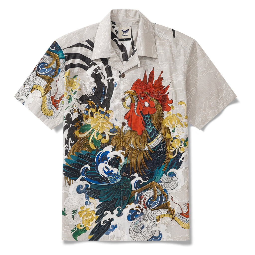 Men's Hawaiian Shirt 100% Cotton Short Sleeve Camp Collar Shirt Rooster and Japanese ukiyo-e Shirt