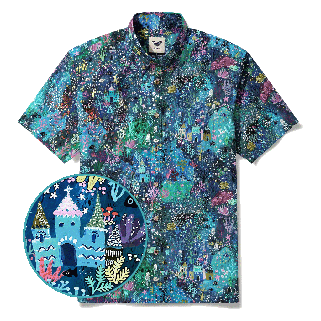Men's Hawaiian Shirt Short Sleeve Button-down 100% Cotton Blue Aloha Enchanted Underwater World