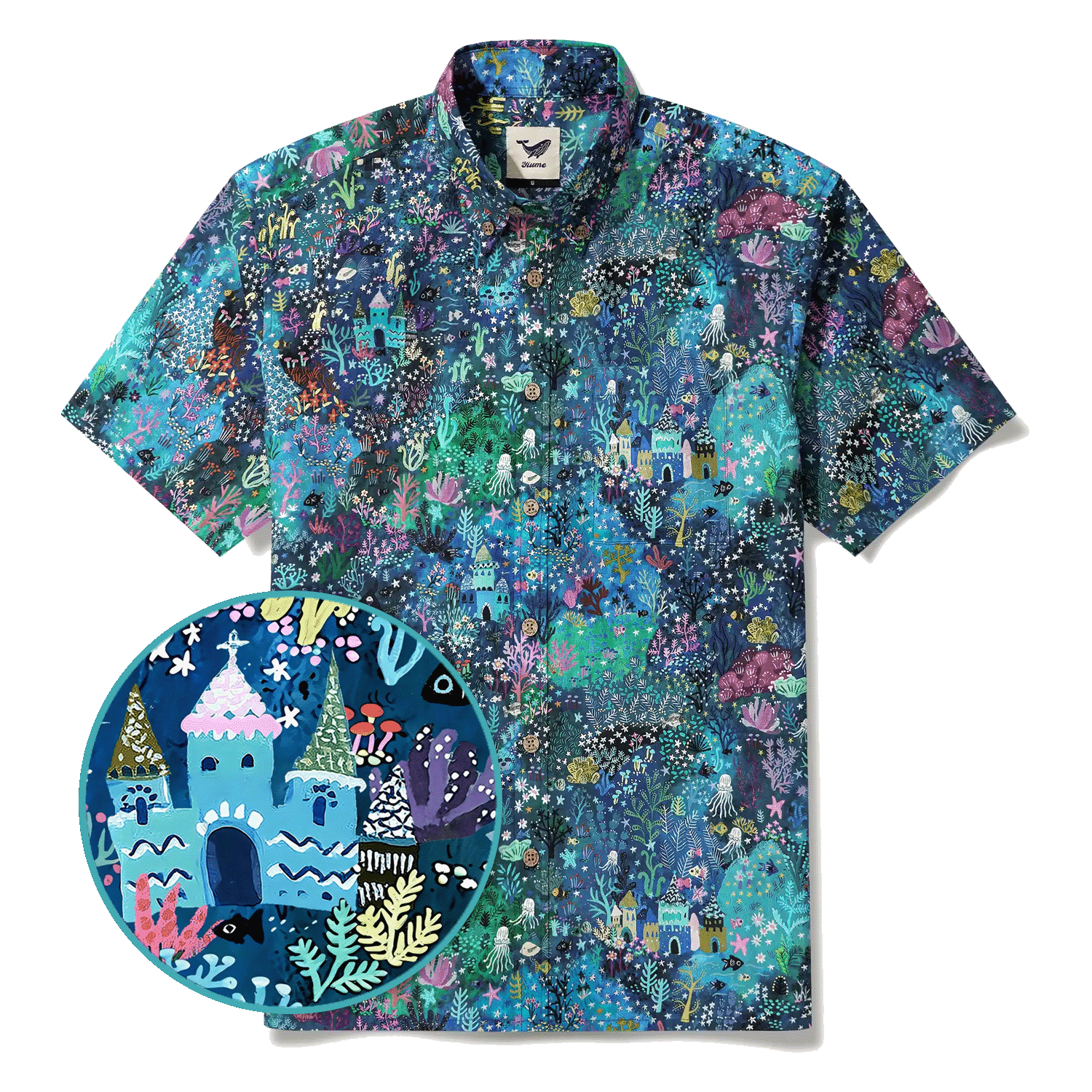 Men's Hawaiian Shirt Short Sleeve Button-down 100% Cotton Blue Aloha Enchanted Underwater World