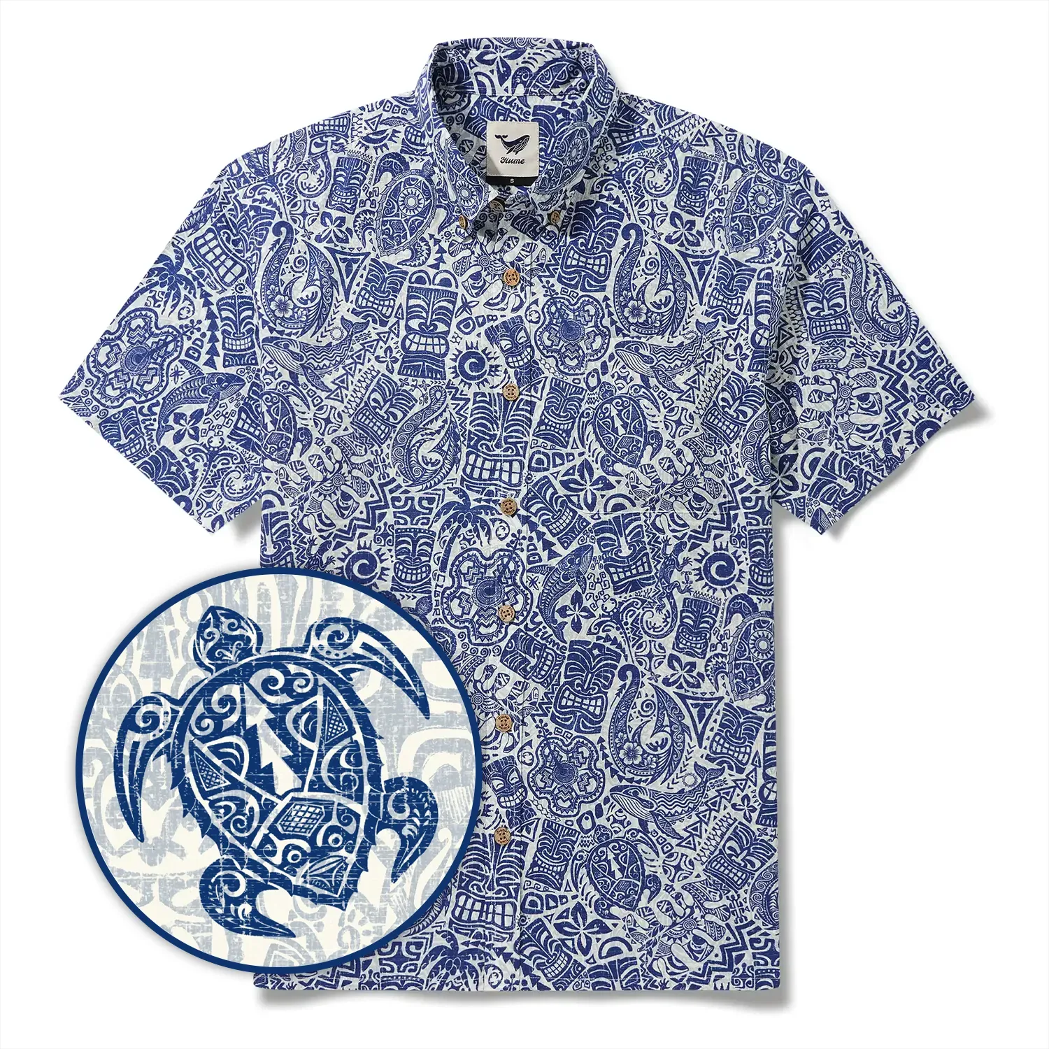 Men's Hawaiian Shirt Short Sleeve Button-down 100% Cotton Blue Aloha Tiki Retro Totem