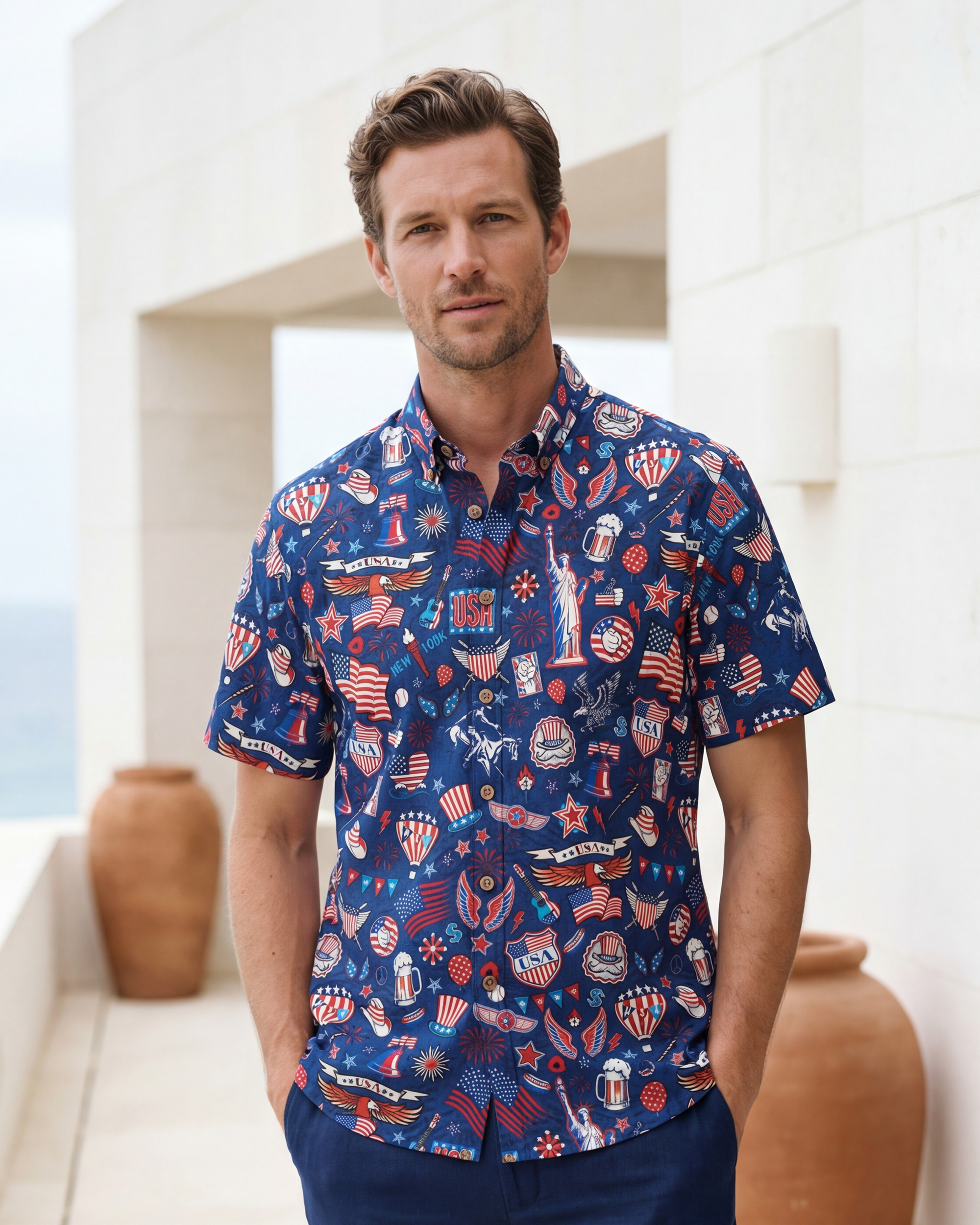 Men's Hawaiian Shirt Short Sleeve Button-down 100% Cotton Blue Aloha Liberty’s Patriot Canvas