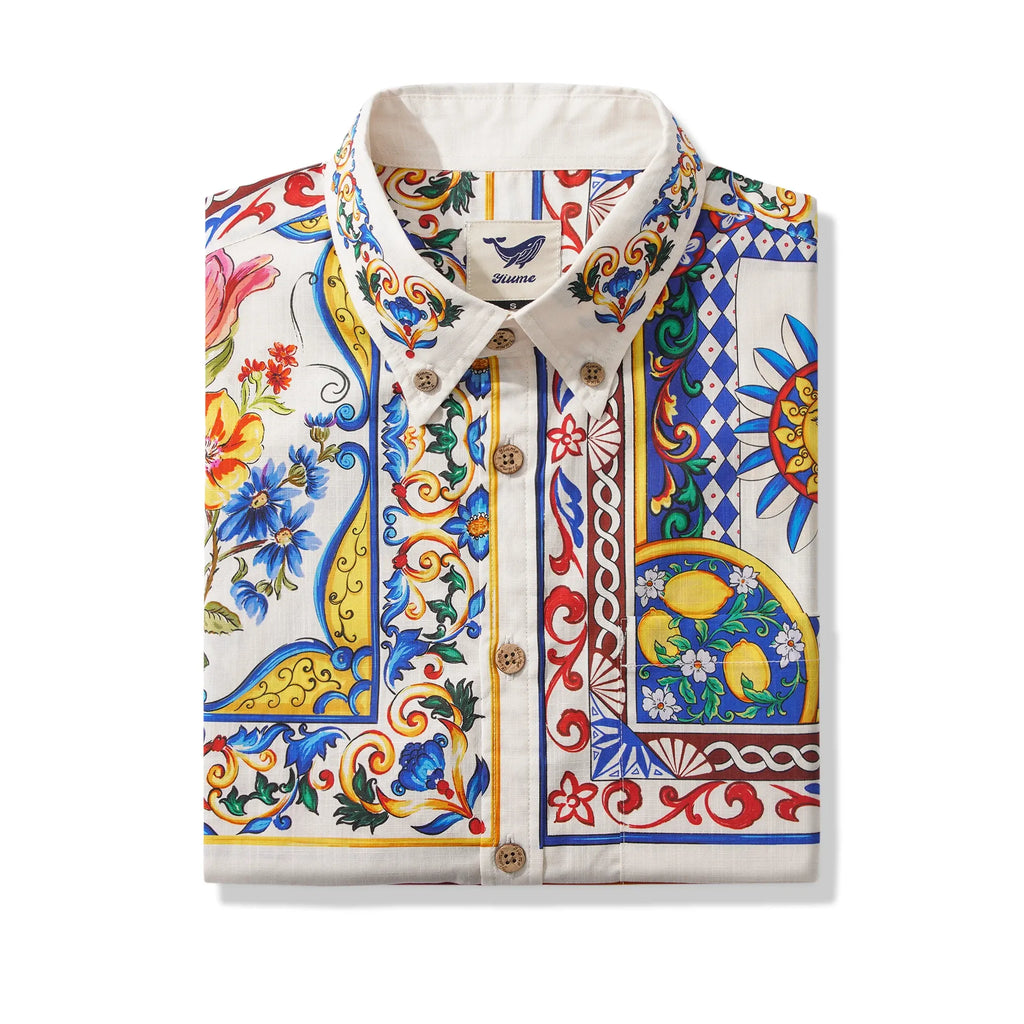 Men's Hawaiian Shirt Short Sleeve Button-down 100% Cotton Blue Flower Aloha Lemon Sicily Venice