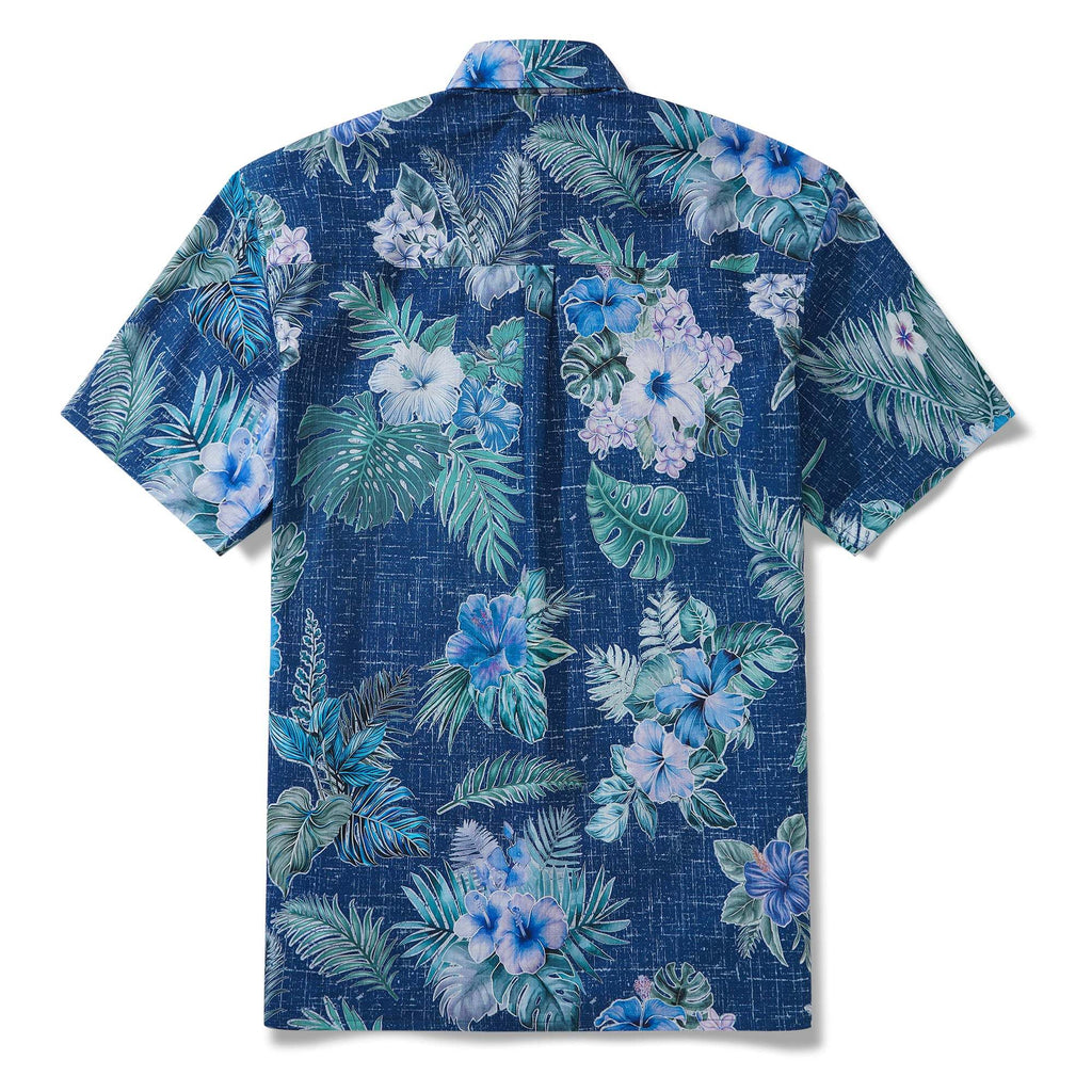 Men's Hawaiian Shirt Short Sleeve Button-down 100% Cotton Green Aloha Tranquil Blue Blossoms