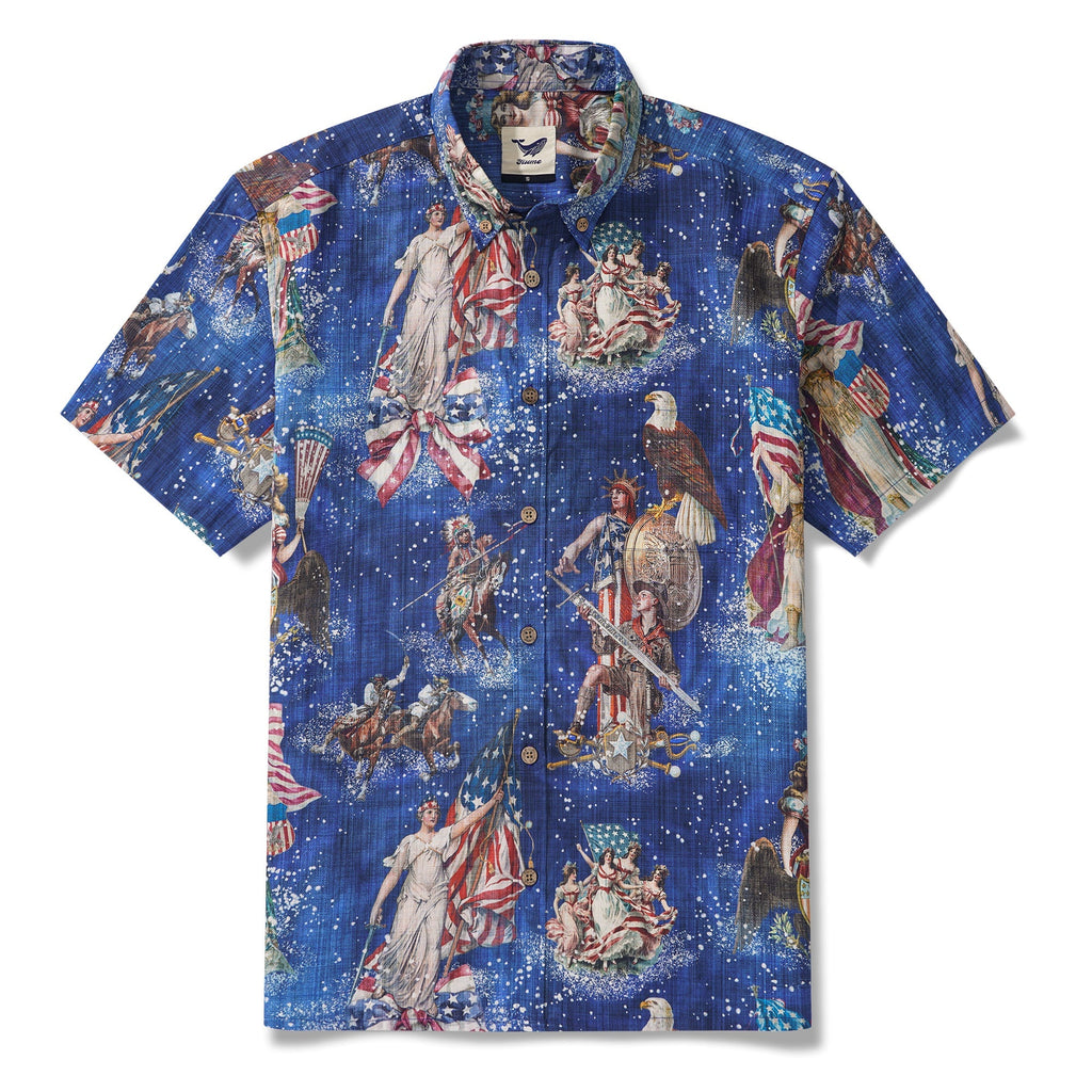 Men's Hawaiian Shirt Short Sleeve Button-down 100% Cotton Blue Aloha Stars & Stripes
