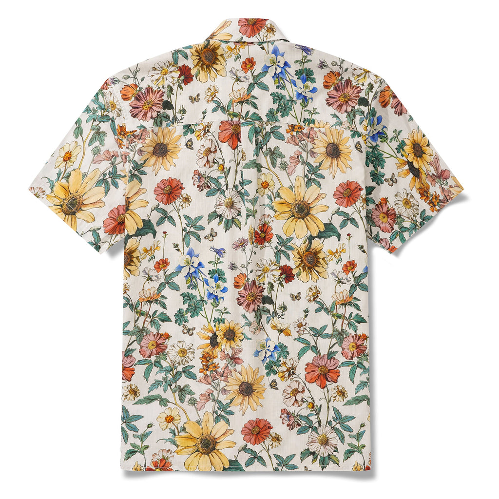 Men's Hawaiian Shirt Short Sleeve Button-down 100% Cotton Beige Aloha Floral Reverie