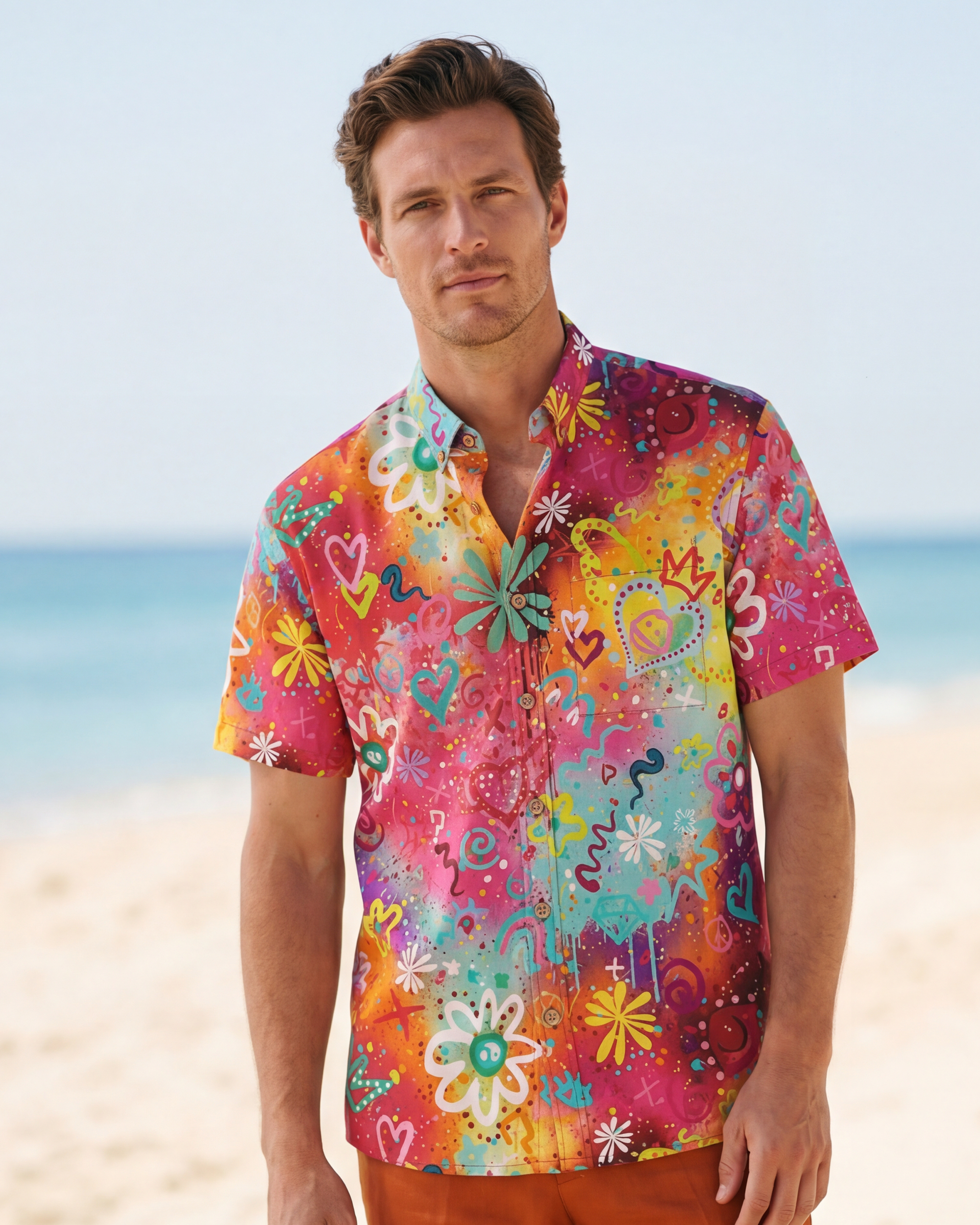 Men's Hawaiian Shirt Short Sleeve Button-down 100% Cotton Colorful Aloha Pop Art Reverie