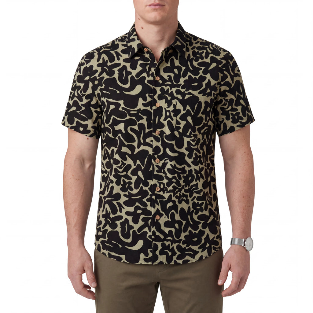 LeosWare® Men's Hawaiian Shirt Short Sleeve Button-up 100% Cotton Black Aloha Minimalist Black Brown Florals
