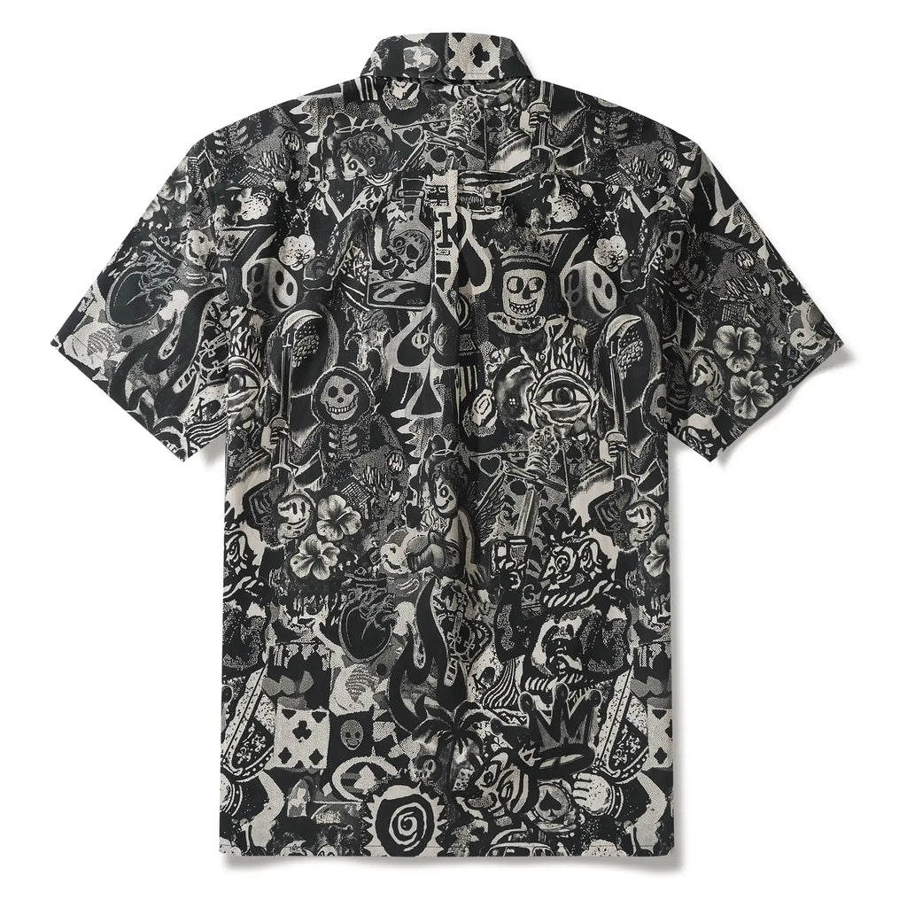 Men's Hawaiian Shirt Short Sleeve Button-down 100% Cotton Black Aloha Dark Poker Graffiti