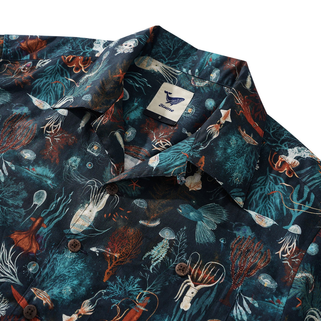 Men's Hawaiian Shirt Short Sleeve Camp Collar 100% Cotton Blue Aloha Underwater Love By Katherine Quinn