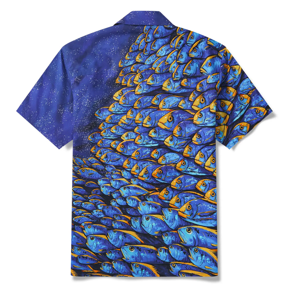 Men's Hawaiian Shirt Short Sleeve Camp Collar 100% Cotton Blue Aloha Ocean Fish Symphony