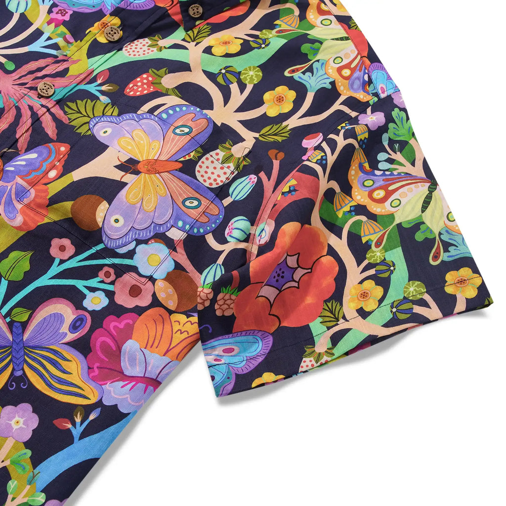 Men's Hawaiian Shirt Short Sleeve Button-down 100% Cotton Blue Aloha Dusk Butterfly Dance